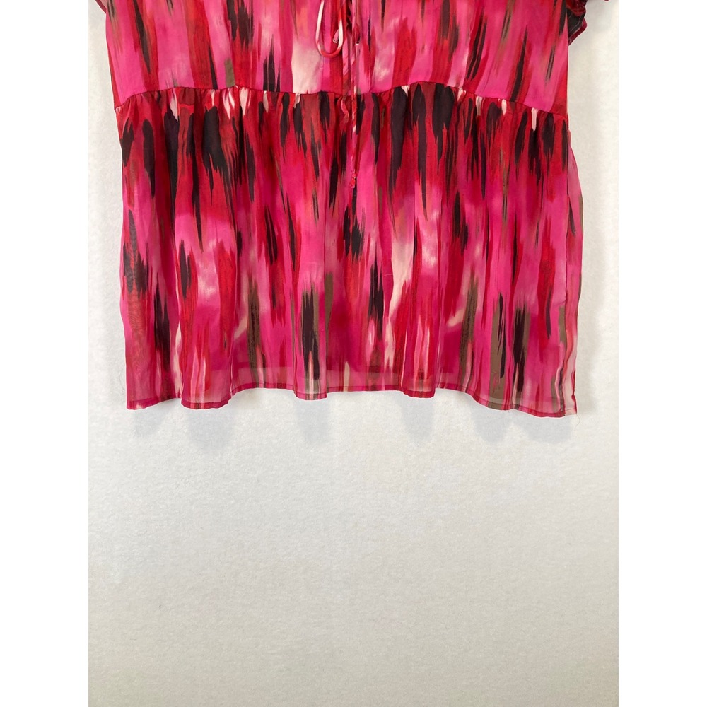 Boho a.n.a Women XL Pink Red‎ Abstract Flutter Sleeve Lace Up Sheer Blouse - Picture 9 of 11